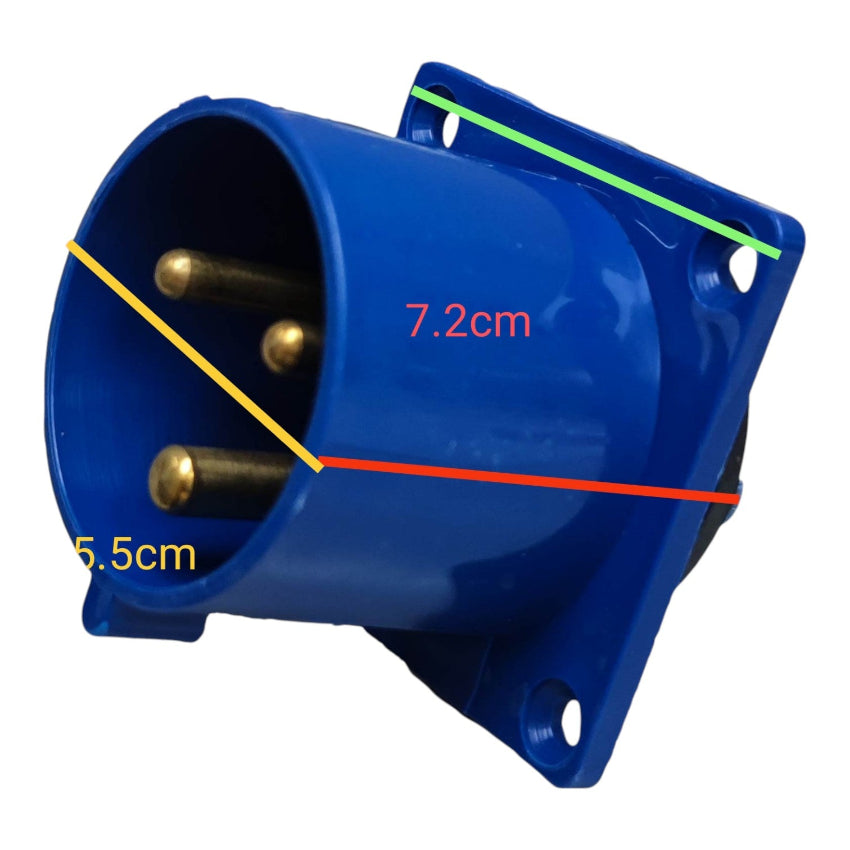 Blue electrical plug with measurements indicated on a white background