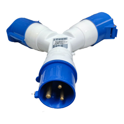 Blue and white electrical plug on a white background Grippes 32A 2P+E Industrial Splitter Connector IP44 1 Male 2xFemale 6h 220V (3 Pins) IEC3902-2 # 1022 Electx Electrical Supply