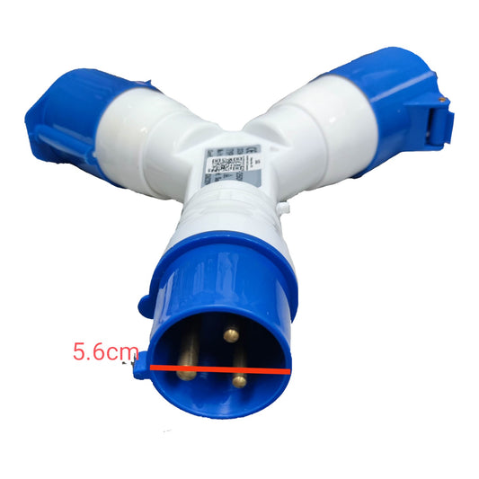 Blue and white plastic fitting with measurement label on a white background Grippes 32A 2P+E Industrial Splitter Connector IP44 1 Male 2xFemale 6h 220V (3 Pins) IEC3902-2 # 1022 Electx Electrical Supply