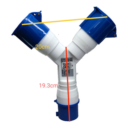 White PVC pipe with blue ends and measurements on a white background Grippes 32A 2P+E Industrial Splitter Connector IP44 1 Male 2xFemale 6h 220V (3 Pins) IEC3902-2 # 1022 Electx Electrical Supply