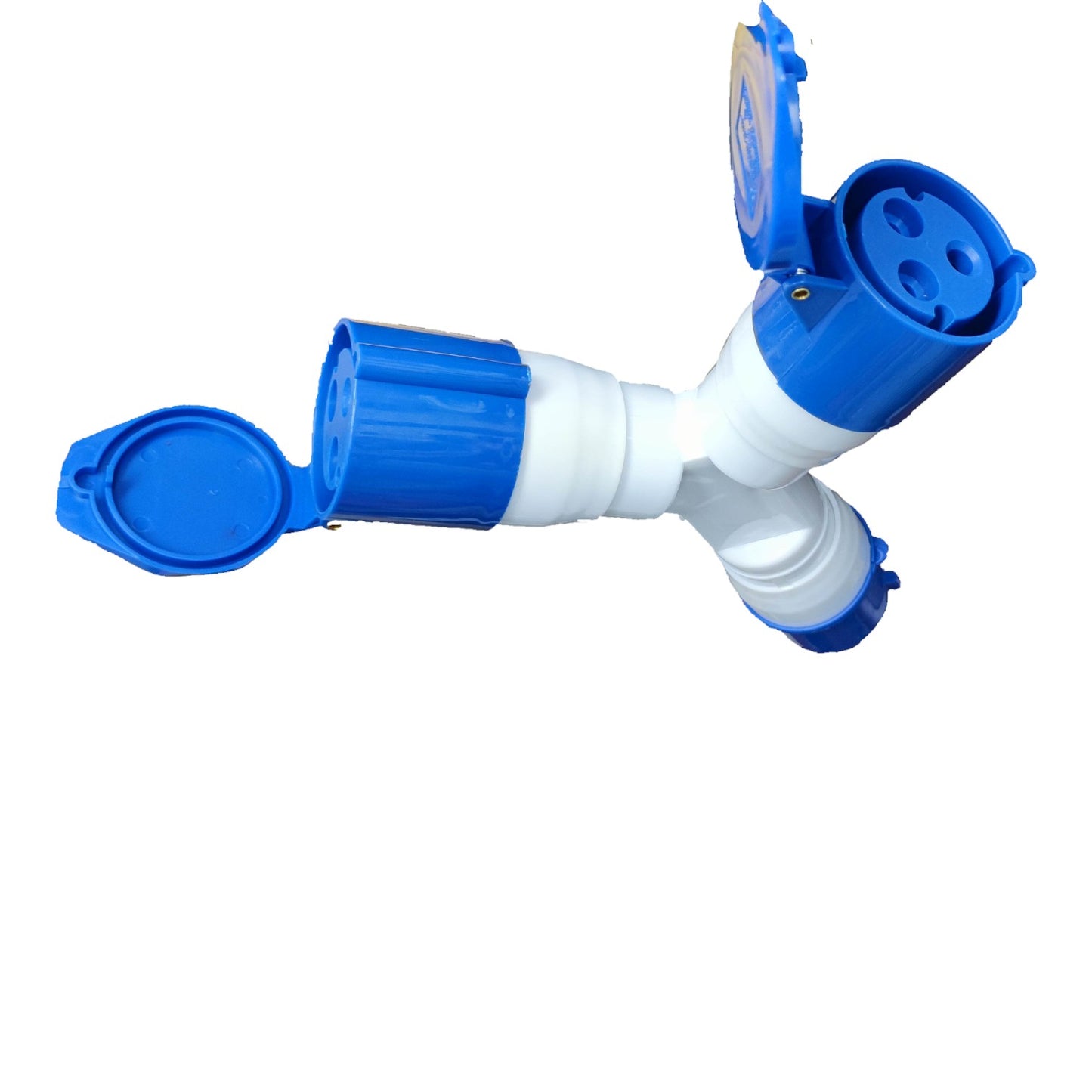 Blue and white plastic valve on a white background Grippes 32A 2P+E Industrial Splitter Connector IP44 1 Male 2xFemale 6h 220V (3 Pins) IEC3902-2 # 1022 Electx Electrical Supply