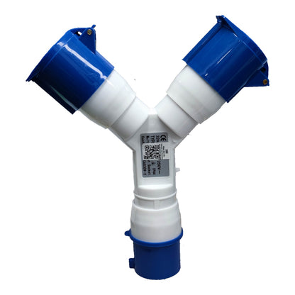 White and blue plastic plumbing fitting with a QR code label on a white background Grippes 32A 2P+E Industrial Splitter Connector IP44 1 Male 2xFemale 6h 220V (3 Pins) IEC3902-2 # 1022 Electx Electrical Supply