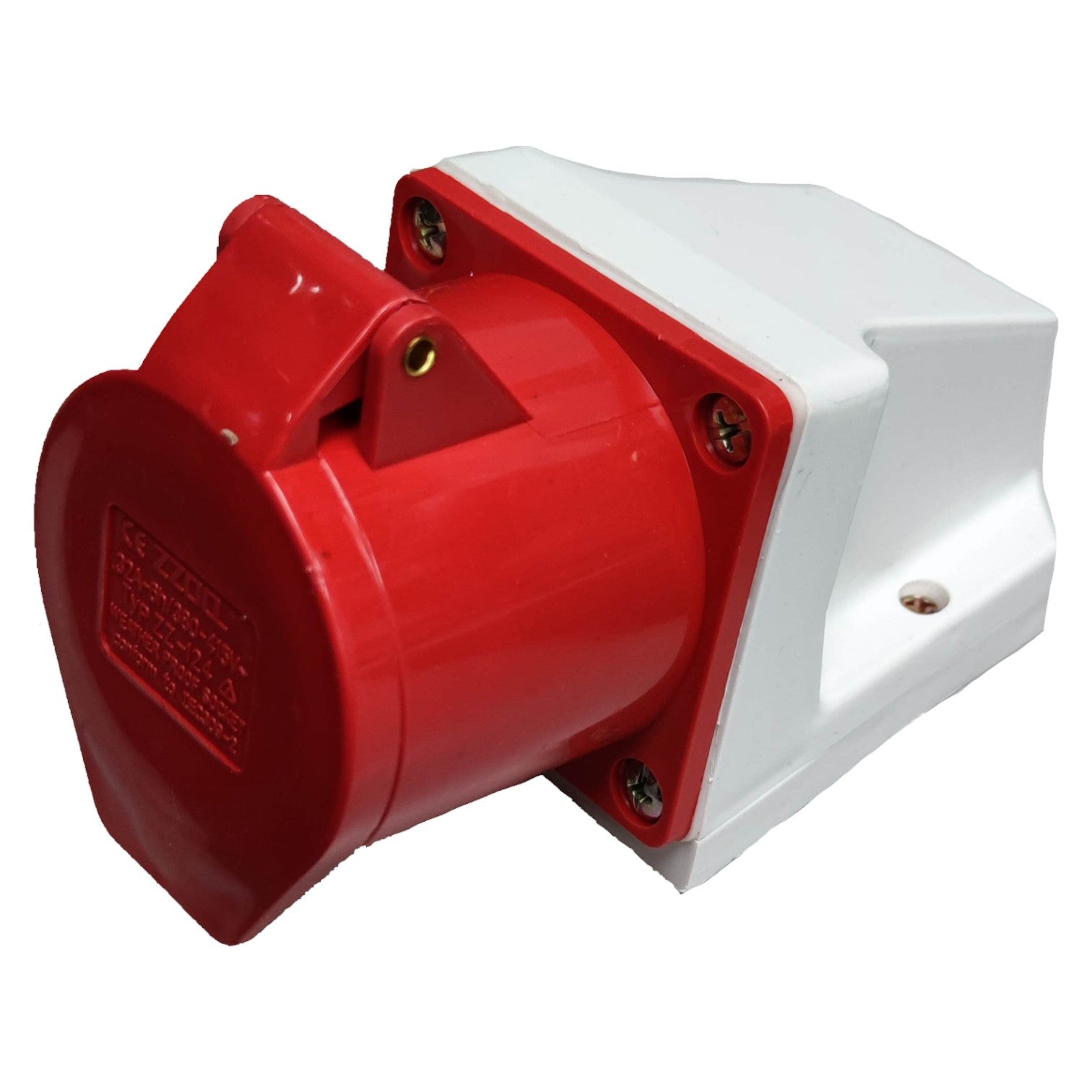 Red and white electrical plug/socket on a white background