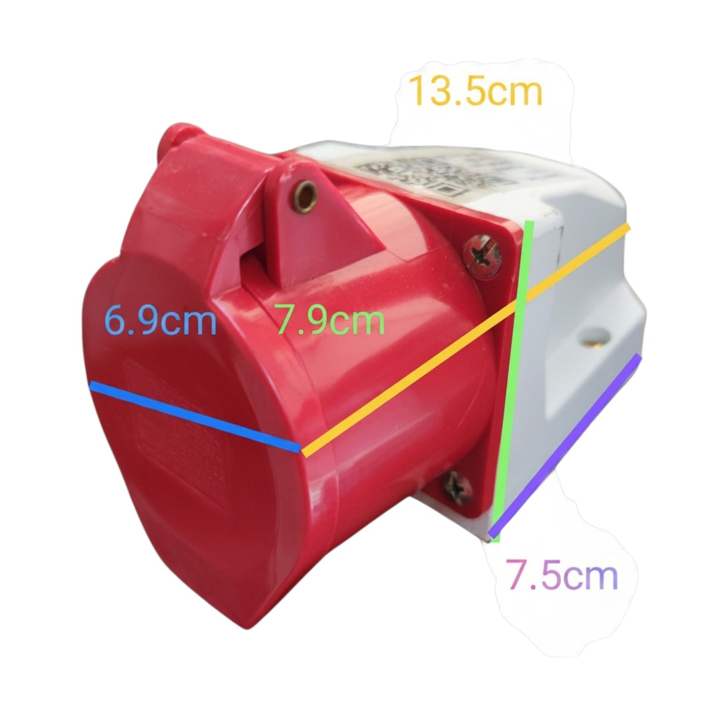 Red and white electrical component with measurements on a white background