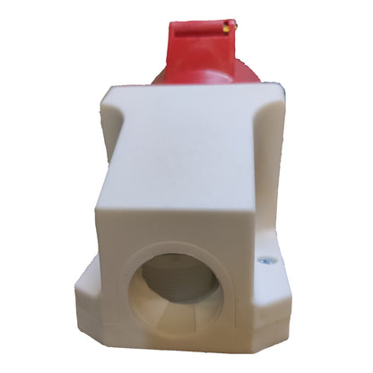 White and red plastic component on a white background