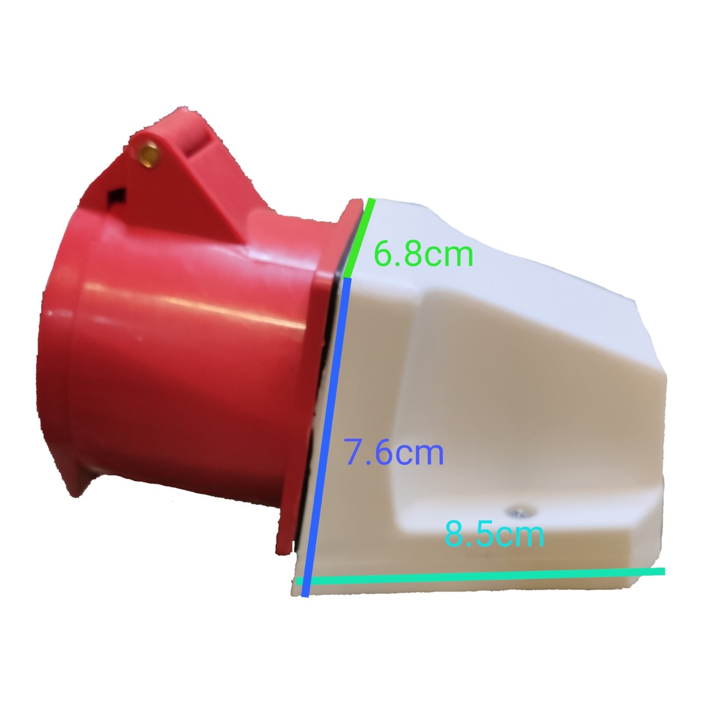 Red and beige mechanical component with measurements on a white background