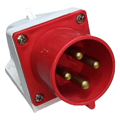 Red electrical plug with white base on a white background