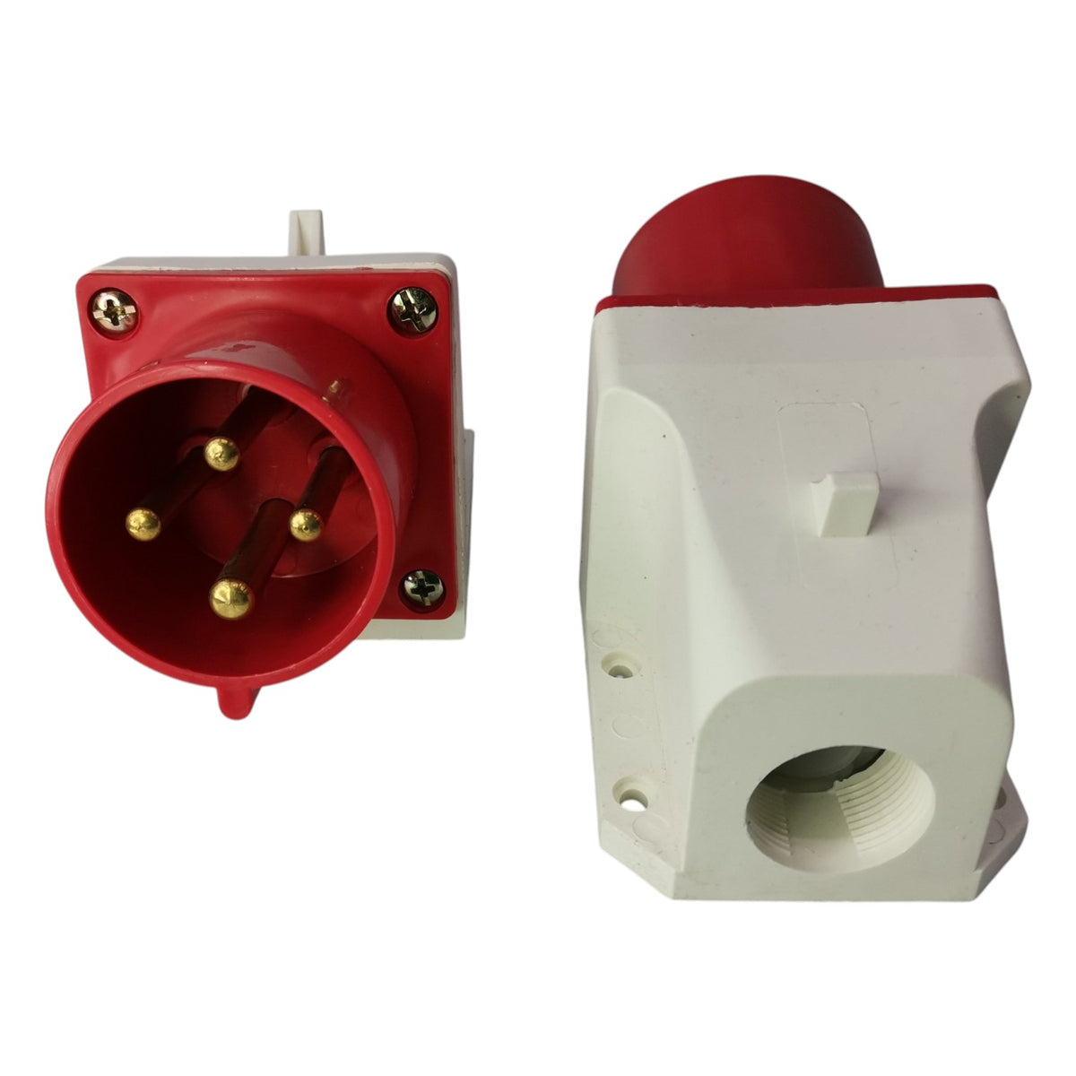 Red electrical plug and white socket on a white background