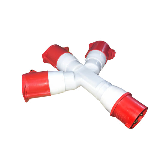 Red and white plastic fitting on a white background Grippes 32A 3P+E Industrial Splitter 1xMale 3xFemale (4 Pins) IP44 220V IEC309-2 # 1024 Electx Electrical Supply