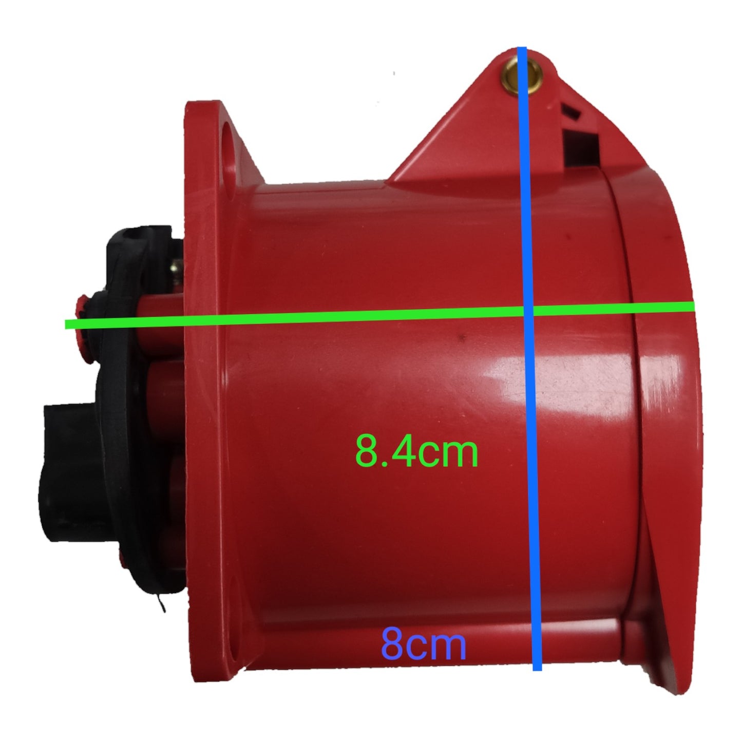Red cylindrical object with measurements indicated on a white background