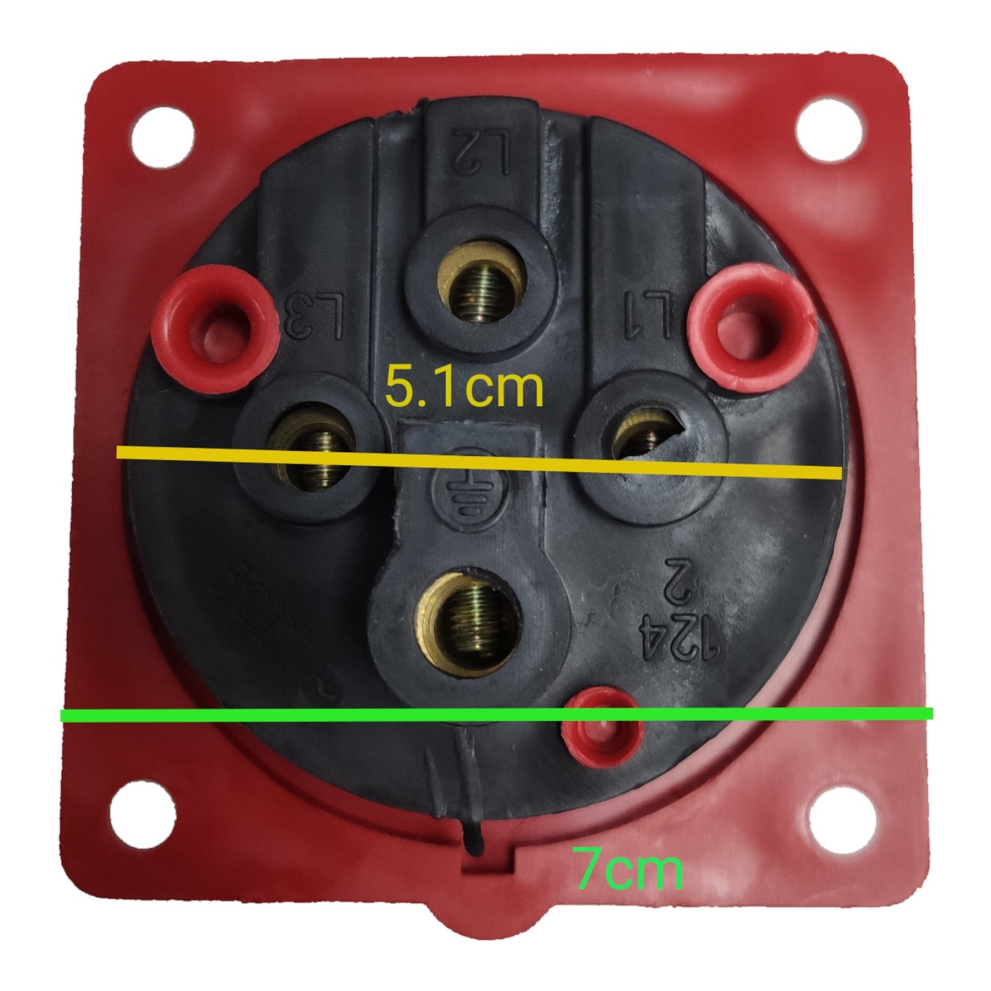 Electrical socket with measurements marked on a white background