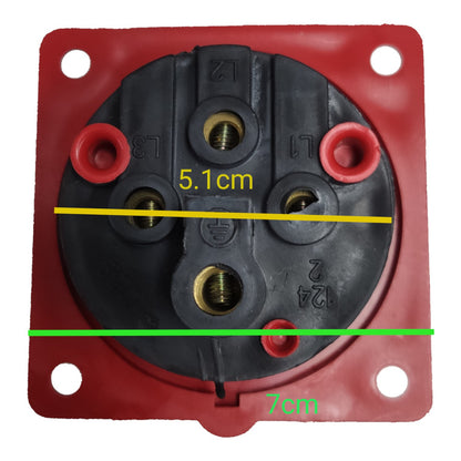Electrical socket with measurements marked on a white background