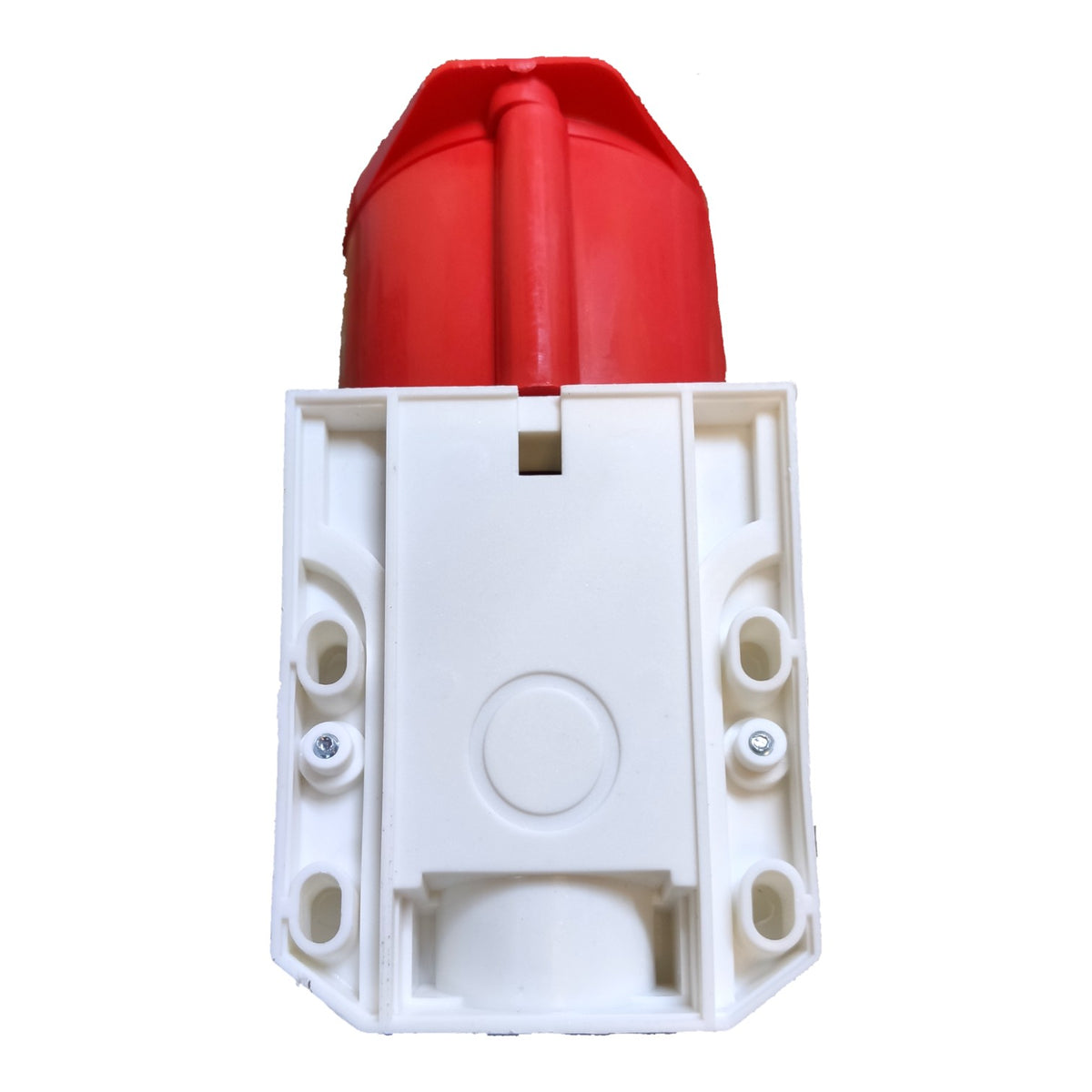 A plastic electrical outlet cover plate with a red top cap and a white mounting base, shown against a plain white background.