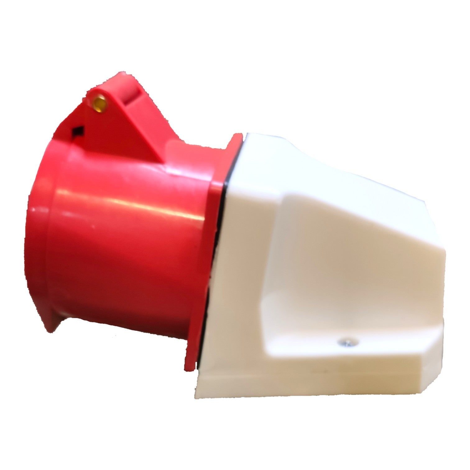 A red and white plastic industrial component or connector part shown on a plain white background.