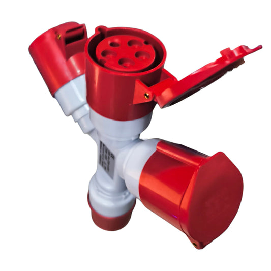 Red and white mechanical device on a white background