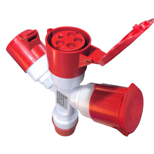 Red and white plastic device with multiple nozzles on a white background