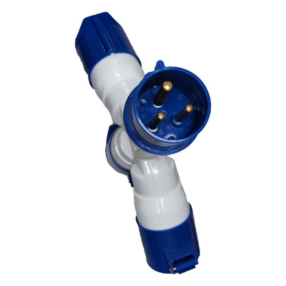 Blue and white electrical plug on a white background Grippes 32A Industrial Splitter Connector 2P+E 220V (3 Pins) IP44 1 Male to 3 Female 1x3 1023 IEC309-2 Electx Electrical Supply