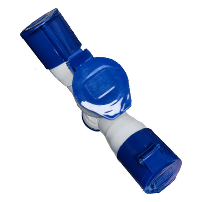 Blue and white plastic fitting on a white background Grippes 32A Industrial Splitter Connector 2P+E 220V (3 Pins) IP44 1 Male to 3 Female 1x3 1023 IEC309-2 Electx Electrical Supply