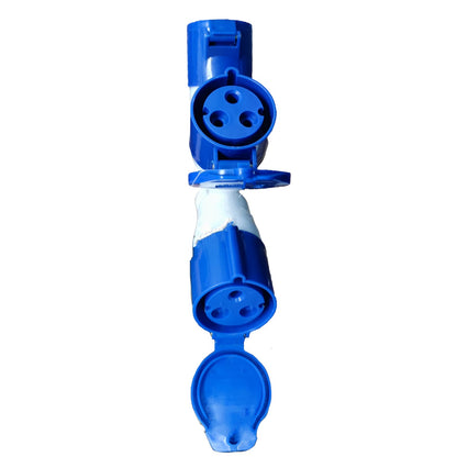 Blue and white plastic connector on a white background Grippes 32A Industrial Splitter Connector 2P+E 220V (3 Pins) IP44 1 Male to 3 Female 1x3 1023 IEC309-2 Electx Electrical Supply