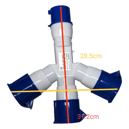 White and blue plastic fitting with measurements on a white background Grippes 32A Industrial Splitter Connector 2P+E 220V (3 Pins) IP44 1 Male to 3 Female 1x3 1023 IEC309-2 Electx Electrical Supply