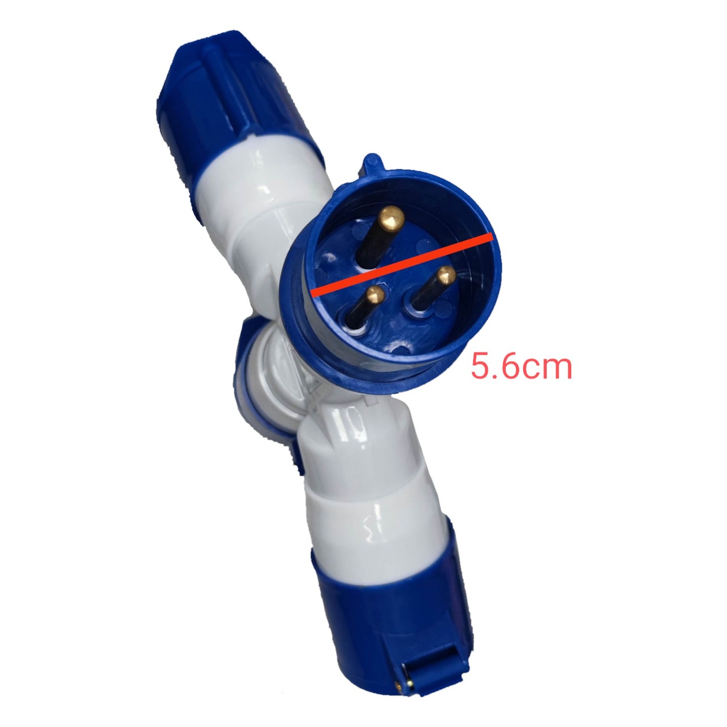 Blue and white electrical plug with a measurement of 5.6cm on a white background Grippes 32A Industrial Splitter Connector 2P+E 220V (3 Pins) IP44 1 Male to 3 Female 1x3 1023 IEC309-2 Electx Electrical Supply
