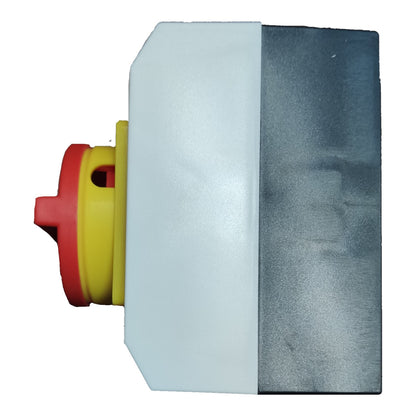 Mechanical component with red, yellow, and gray colors on a white background