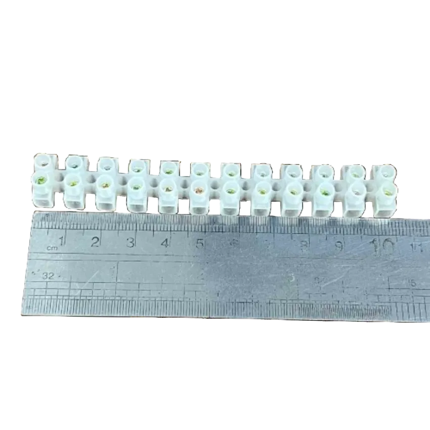 Grippes 5A PVC terminal block 12 pairs shown with a ruler for size reference
