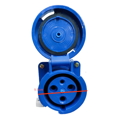 Blue electrical connector on a white background with measurement label