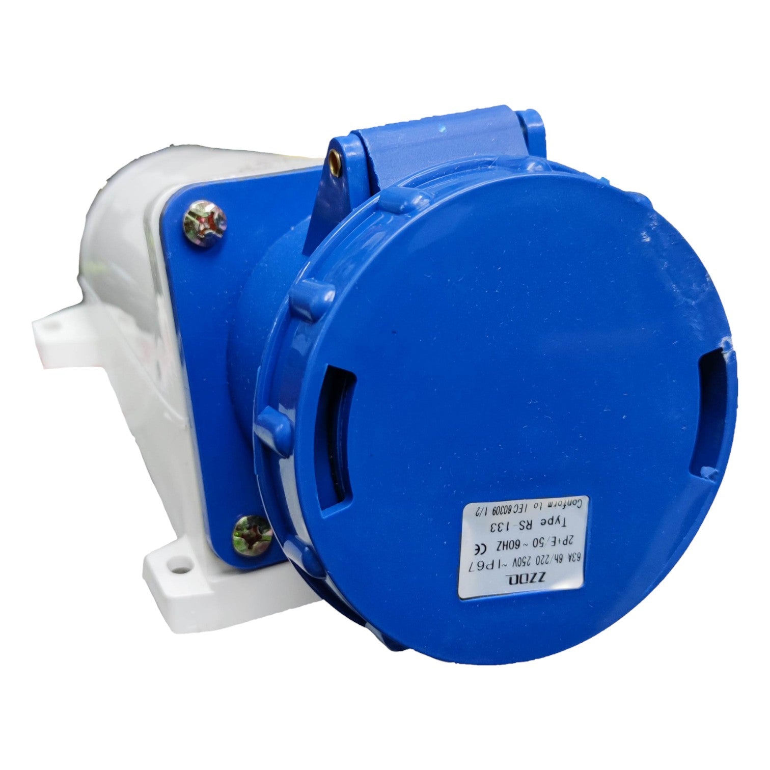 Blue electrical junction box with white base on a white background