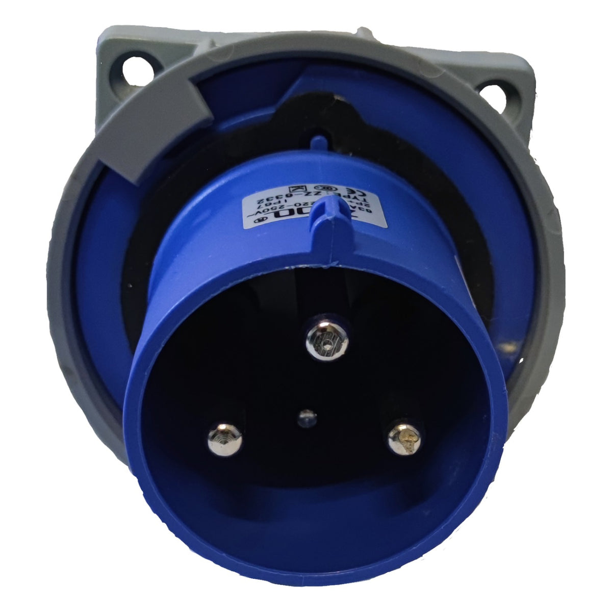 Blue electrical plug with gray housing on a white background