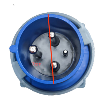 Electrical plug with blue and gray design, marked with '7cm' on a white background.