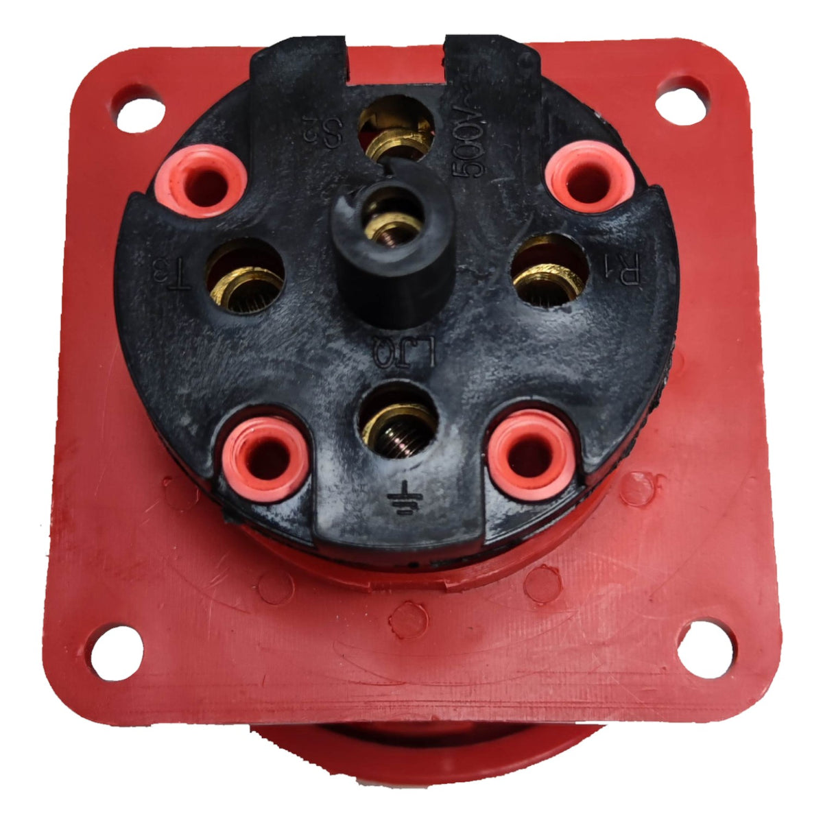 Red and black electrical connector on a white background