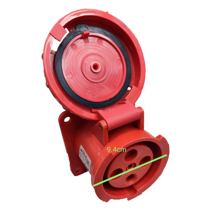 Red mechanical component with measurement label on a white background
