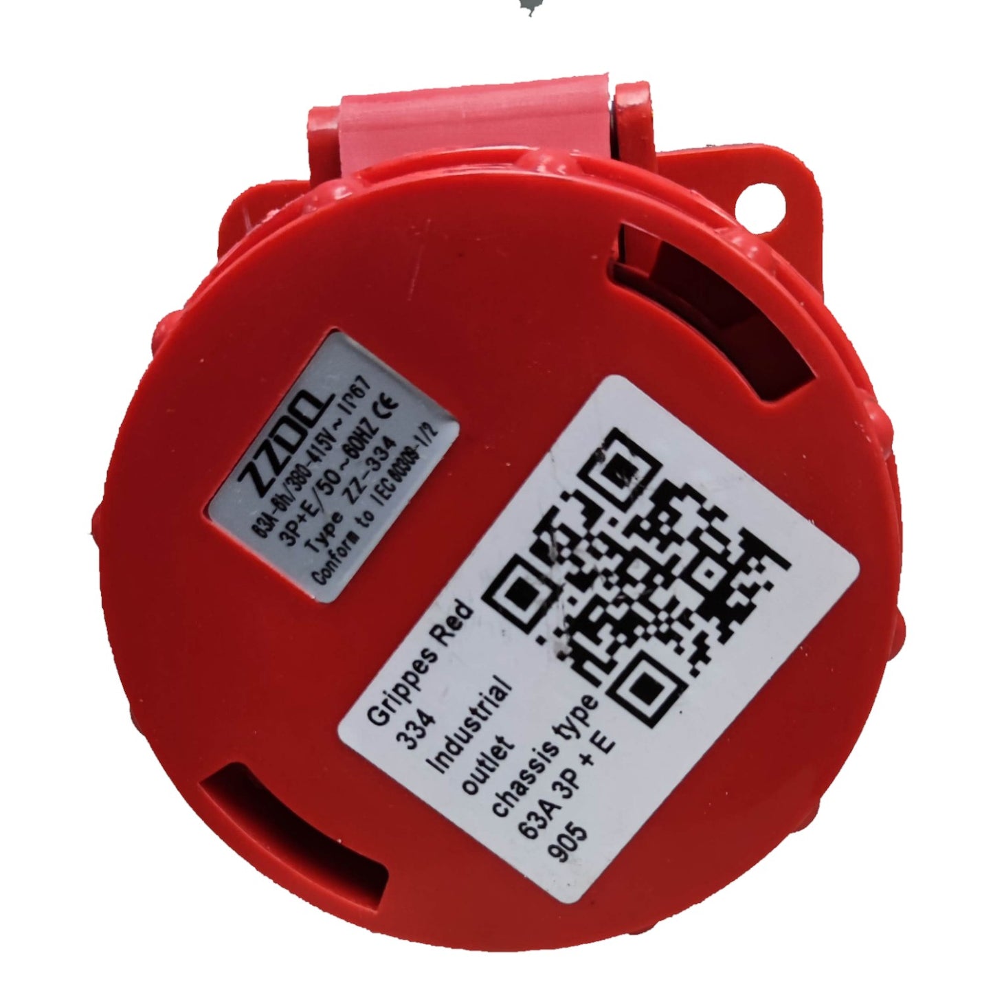 Red industrial outlet cover with QR code label on a white background