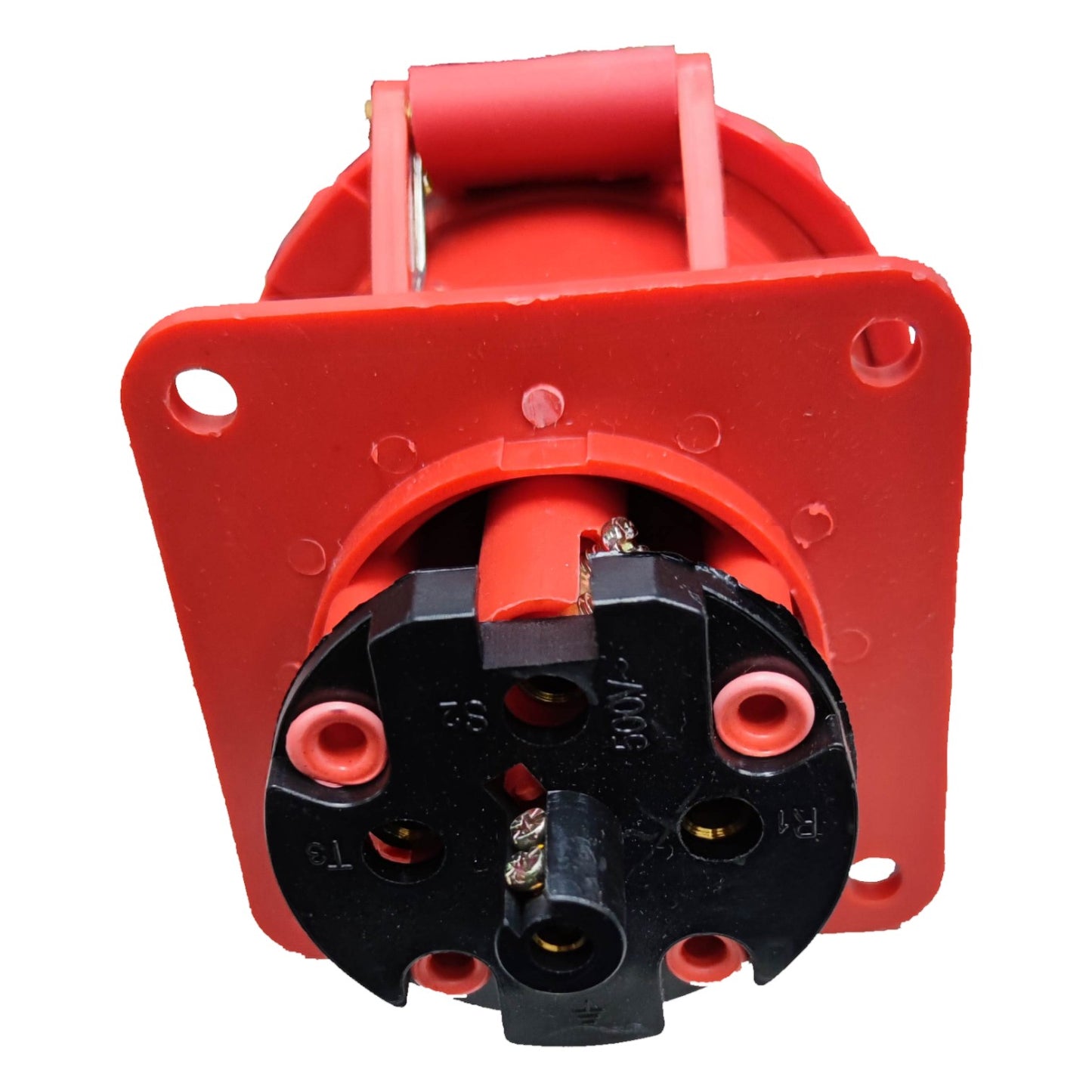 Red electrical plug on a white background