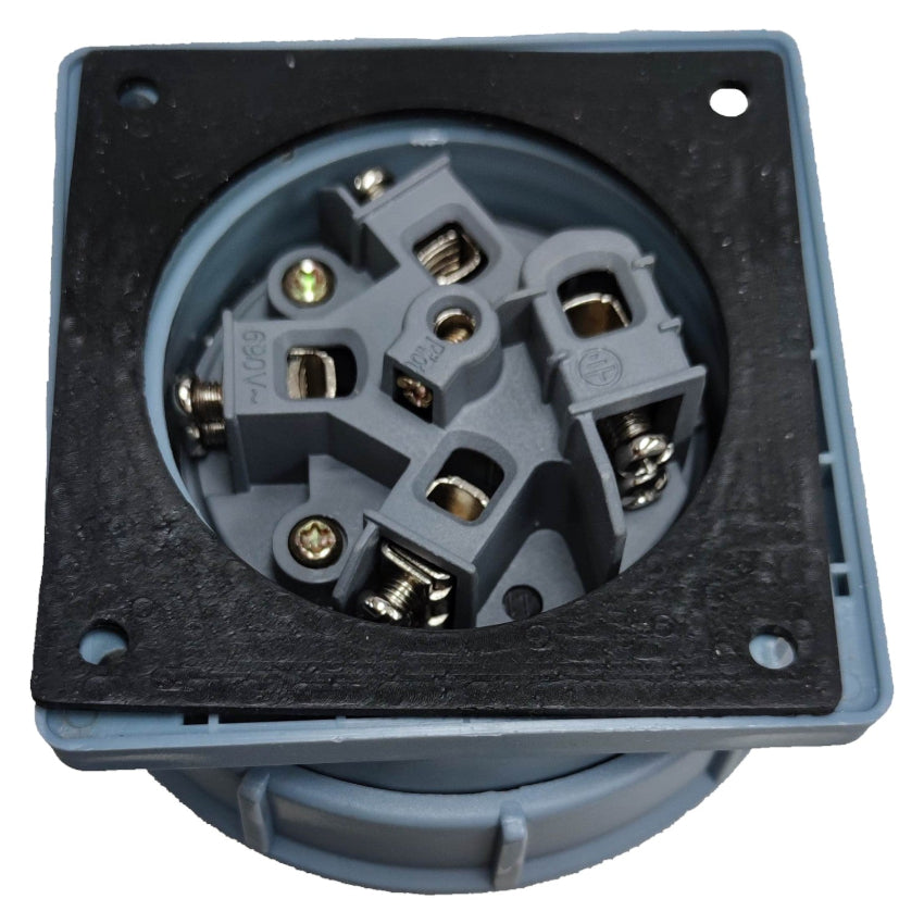 Electrical socket with metallic contacts on a white background