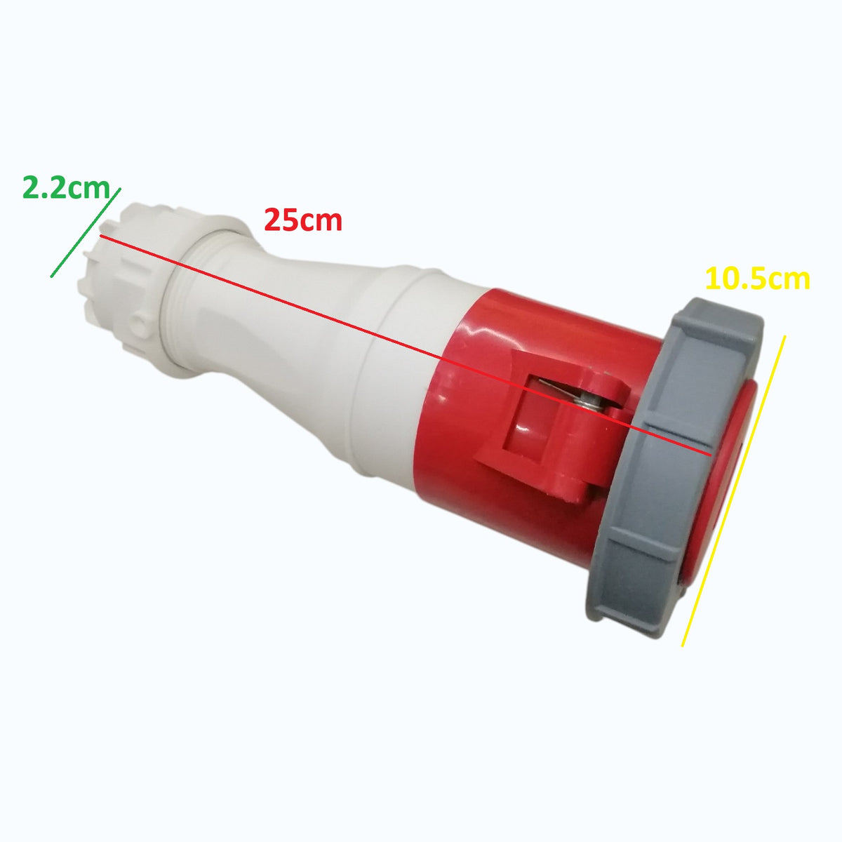 Plumbing fitting with white, red, and gray colors on a white background