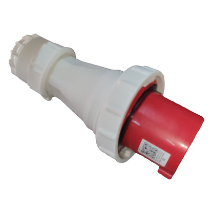 Plumbing fitting with white body and red cap on a white background