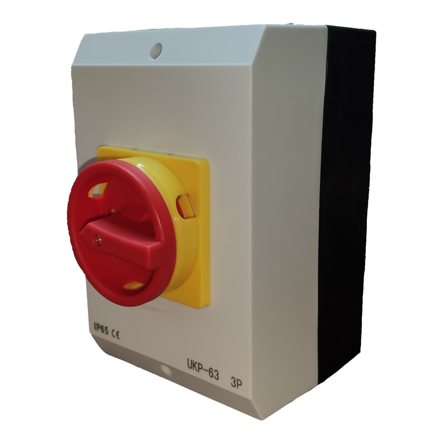 Electrical switch with red and yellow toggle on a white background