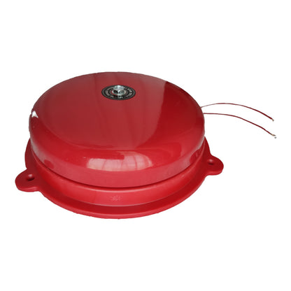 A red dome-shaped fire alarm bell with a mounting base and two wire leads, shown on a plain white background.