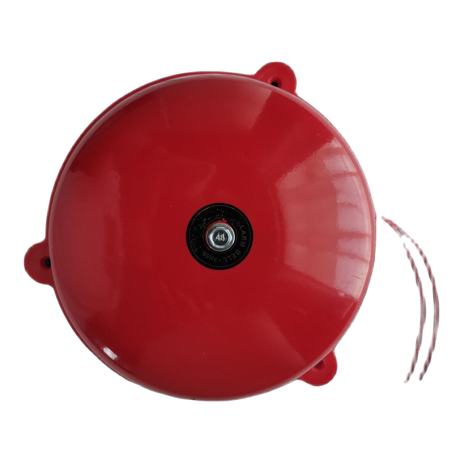 A red dome-shaped fire alarm bell with a central black dial and two small mounting tabs, shown on a plain white background.