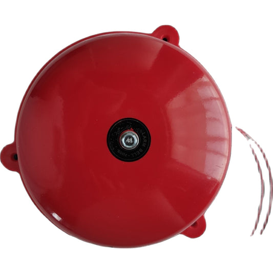 A glossy red dome-shaped bell or alarm with a black circular center label and a small silver screw, shown on a plain white background with a thin wire extending from the right side.