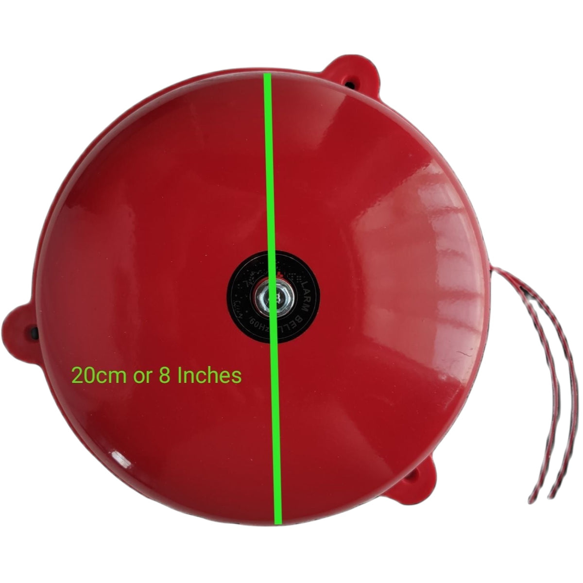 A glossy red round bell-shaped product on a white background with a green vertical measurement line and the text '20cm or 8 Inches' indicating its diameter.
