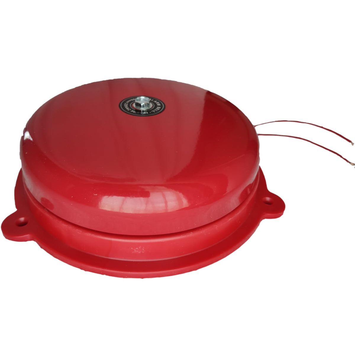 A red dome-shaped fire alarm bell with a central metal button and two thin wires extending from the right side, shown on a plain white background.