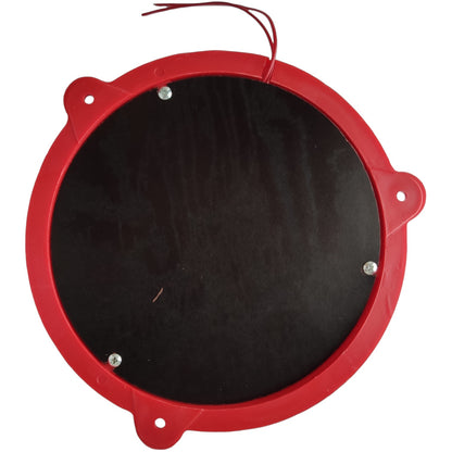 A circular red plastic mounting frame with a black center panel secured by four silver screws, featuring a red wire loop at the top and three mounting tabs at the corners, shown on a white background.