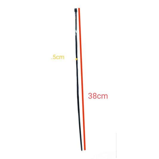 A long, thin black strip shown vertically on a white background, with a red measurement guide and text indicating 38 cm length and 0.5 cm thickness.