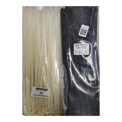 Two packages of zip ties on a white background, one package containing off-white/cream zip ties and the other containing black zip ties. Each package has a clear plastic wrapper with a white label that reads 'GRIPPES CABLE TIE'.