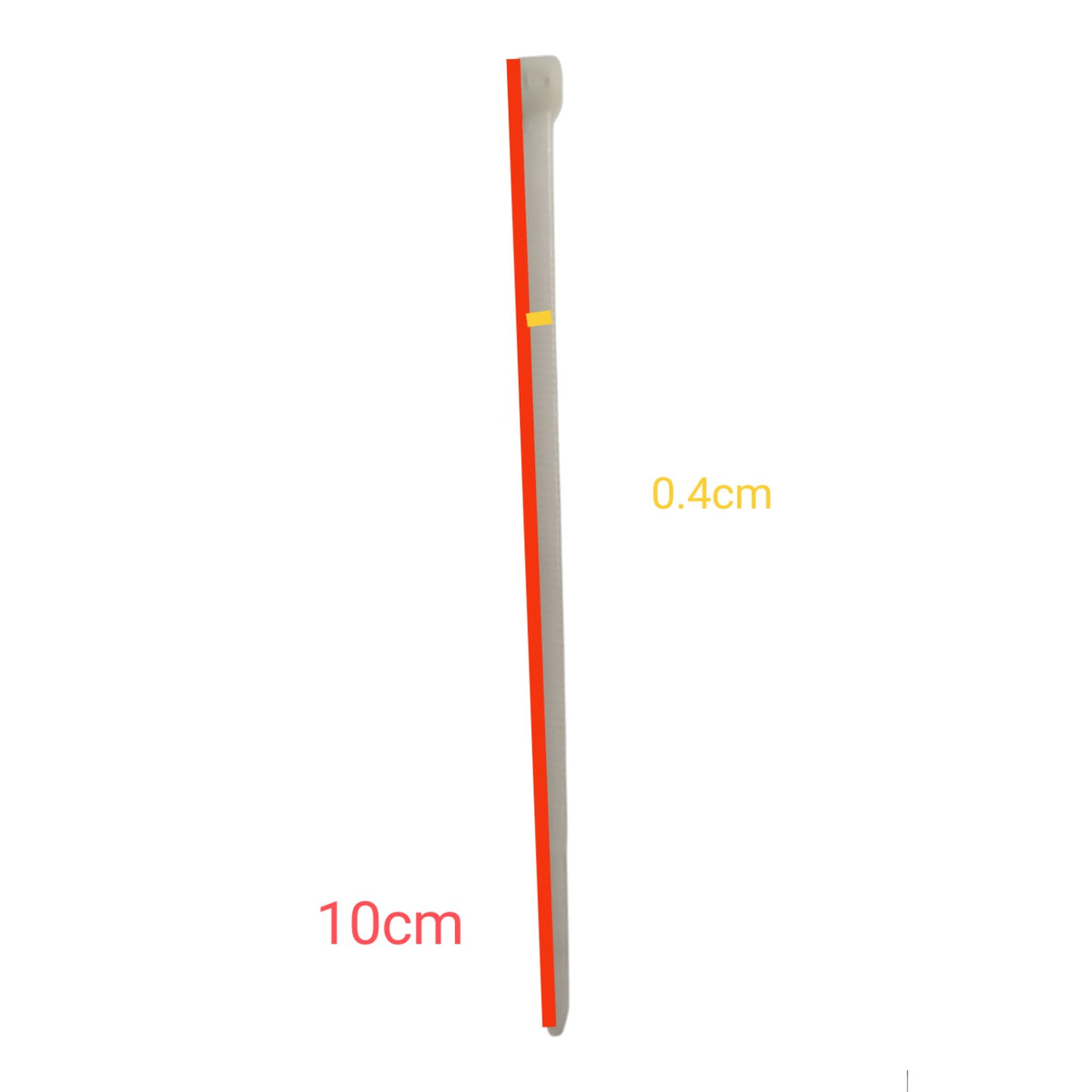 A narrow rectangular strip shown vertically on a white background with overlaid dimension labels: 10cm in red and 0.4cm in yellow.
