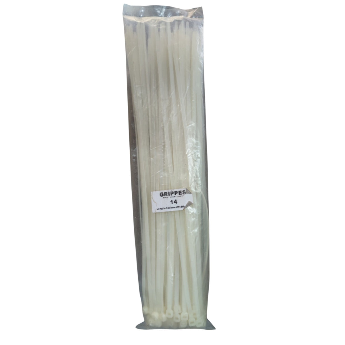 A clear plastic bag containing a bundle of off-white plastic cable ties, with a white label in the center reading 'GRIPPER 14'.