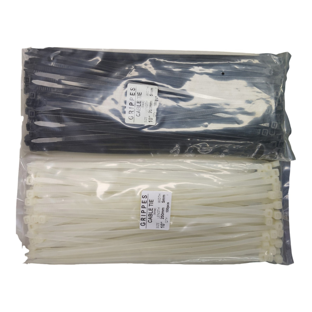 Two packages of zip ties on a white background, with one package of black cable ties and one package of white cable ties, both in clear plastic bags with white labels.